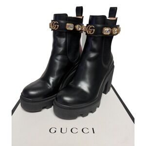 Gucci Women's Trip Embellished Block 3.5" Heel Chelsea Boots Sz 38 Black Leather